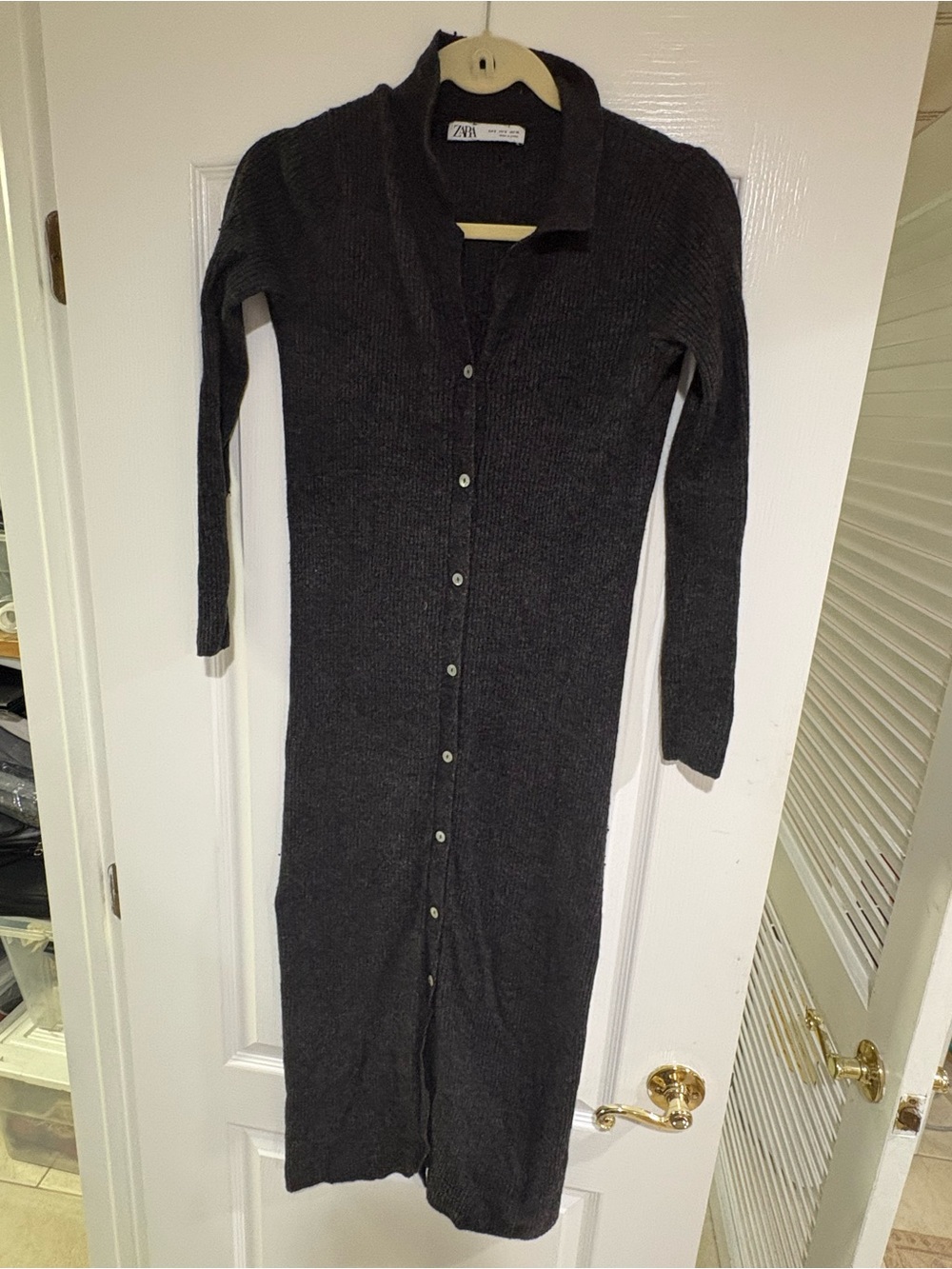 ZARA Charcoal Gray Long-Sleeve Button-Front Knit Dress